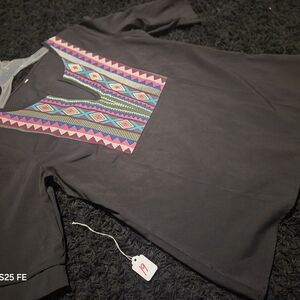 Women's Black Tunic Top with Colorful Geometric Yoke